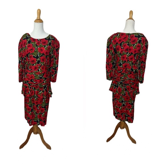 Vtg 80s Caroline Wells Peplum Rayon Dress Red Floral - Picture 1 of 9